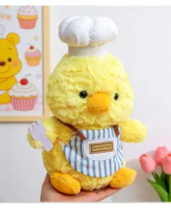 Peluche pulcino chef con grembiule e cappello, morbida bambola di peluche per scrivania e regalo.