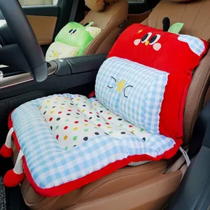 Cute apple plush car seat cushion and backrest set, cartoon fruit interior style for easy driving.