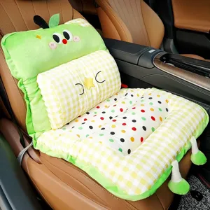 Cute green apple cartoon car seat cushion and backrest integrated plush pad for comfy travel.