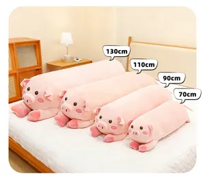 Cute pink pig plush bolster pillow, soft long sleeping companion toy in multiple sizes for bed.