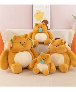 Cute fat bear plush toy with headphones, soft fluffy stuffed doll for cozy home decor.