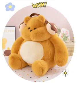 Cute chubby plush bear toy with cute headphone styling, soft and healing doll for kids gifts.