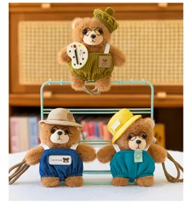 Cute cartoon bear plush pendant keychain, soft stuffed animal bag ornament with glasses.