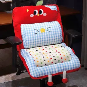 Cute apple shaped plush seat cushion detail, comfortable cartoon fruit chair pad for office use.