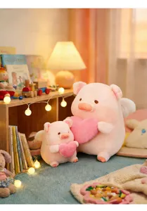 Simpatico maialino di peluche rosa coppia che tiene un cuore, dolce regalo per San Valentino.