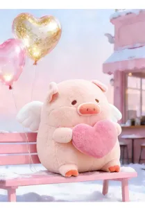 Simpatico maialino di peluche rosa con ali d'angelo che tiene un cuore regalo di san valentino