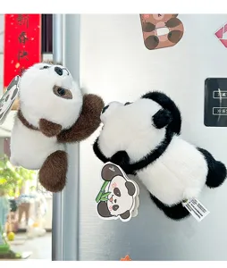 Cute cartoon panda plush fridge magnet and slap bracelet toy, soft stuffed animal gift detail.