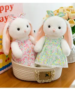 Schattig langoor konijn pluche speelgoed met bloemenjurk zacht knuffeldier landelijke stijl