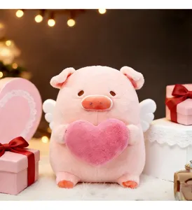 Simpatico maialino di peluche rosa con cuore e ali, perfetto regalo romantico per San Valentino.