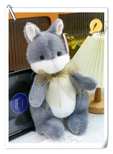 Cute grey plush rabbit toy with bow, soft stuffed animal doll for kids birthday gift.