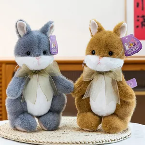 Cute plush rabbit toy with bow, soft stuffed animal doll, kawaii cartoon bunny gift for kids, grey.