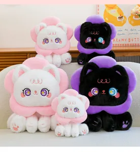 Detailed view of cute sunflower cat plush toys with big sparkling eyes displayed on a cozy sofa.