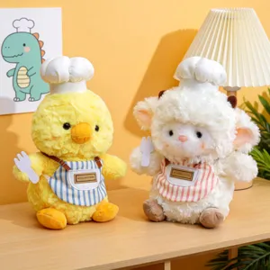 Set di peluche chef carino con pulcino giallo e agnello bianco in graziosi grembiuli regali.