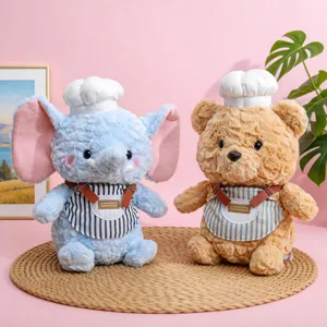 Simpatici peluche elefante e orso cuoco con grembiuli, morbidi giocattoli regalo per bambini.