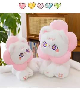 Cute sunflower cat plush toy with big eyes, soft white kitty doll, sweet girl gift