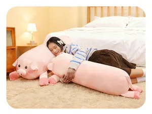 Cute cartoon pink pig long plush toy body pillow, soft sleeping companion for bedroom.