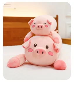 Cute cartoon lying pig long plush pillow toy soft bedding soothing companion for kids