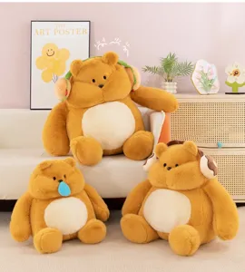 Cute chubby brown plush bear doll with headphone design, soft and soothing toy for kids and home decor.