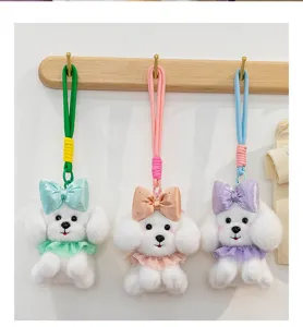 Cute plush puppy pendant detail, featuring a lovely bowknot and colorful lanyard hanging.