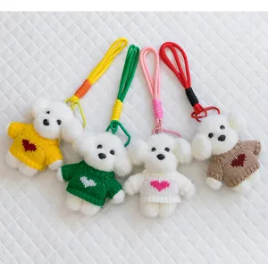 Cute fluffy puppy plush keychain with knitted sweater bag charm cute cartoon animal pendant.