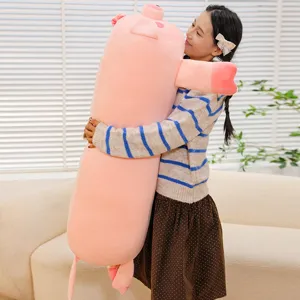 Cute pink pig plush long body pillow, soft stuffed companion toy for bedroom and bed hugging sleep.