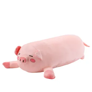 Cute pink pig long plush pillow, soft sleeping companion stuffed toy, washable design.