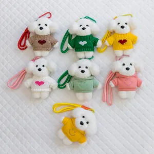 Cute plush puppy keychain pendant with colorful sweater, ideal bag accessory and toy gift.