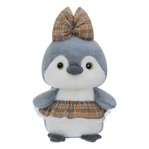 Lindo juguete de peluche de pingüino con lazo y falda de cuadros, muñeca suave regalo para amigas.