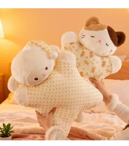 Detailed shot of cute star shaped plush pillow with animal head design, soft and cozy.