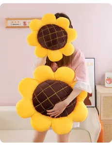 Close-up detail of soft sunflower plush cushion pillow, comfortable fluffy texture for home decor.