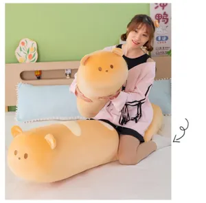 Cute cartoon long bread bear plush body pillow, cream style cute baguette sleeping leg pillow gift.