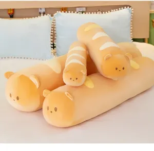 Cute bread bear long plush pillow, kawaii baguette soft body pillow for sleeping and home decor.