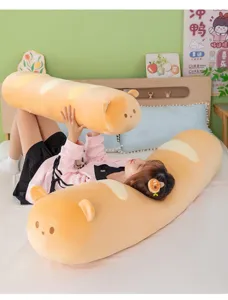 Cute long bear bread plush body pillow, creamy baguette design for comfortable sleeping and rest.