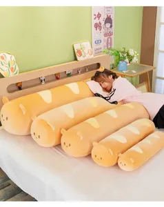 Cute long baguette bear plush pillow, soft cream aesthetic body pillow for sleeping.