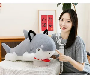 Mignon requin en peluche dessin animé oreiller chat mignon long coussin gris poupée enfant