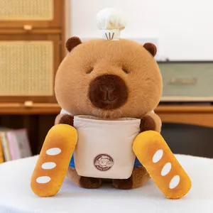 Lindo peluche de capibara chef con pan, muñeco de peluche suave para regalo de niños.