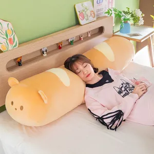 Cute long bear bread plush pillow, cream style soft baguette body pillow for bedroom sleeping.