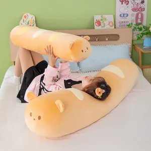 Cute cartoon bread plush body pillow, soft long baguette bear hugging pillow for sleeping.
