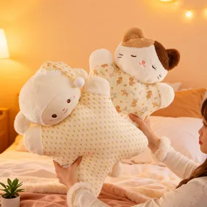 Cute star-shaped plush toy pillow, soft lamb and cat design, comfortable sleeping cushion.