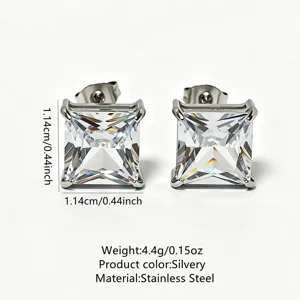 Square cubic zirconia stainless steel stud earrings detail view showing size and material specs.