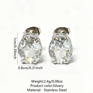 Stainless steel oval cubic zirconia stud earrings, elegant and classic daily jewelry.