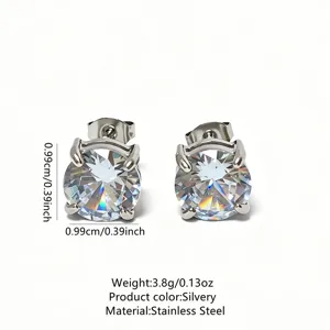 Stainless steel round cubic zirconia stud earrings detail view, elegant sparkling crystal jewelry.