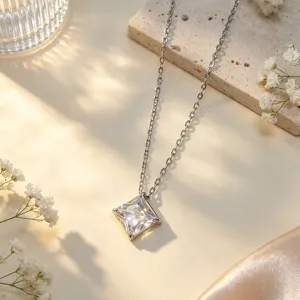 Stainless steel square zircon necklace elegant minimalist pendant jewelry for women