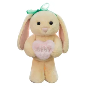 Cute long-eared rabbit plush toy holding heart stuffed animal doll for kids gift