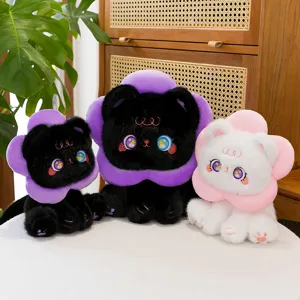 Cute sunflower cat plush toy with big sparkling eyes and soft flower collar for kids.