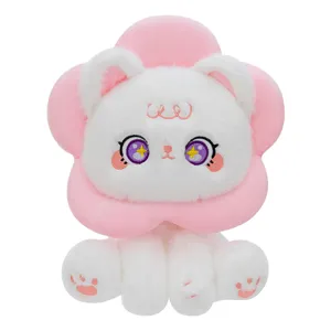 Cute sunflower cat plush toy, fluffy white kitty doll with pink flower collar and big sparkling eyes.