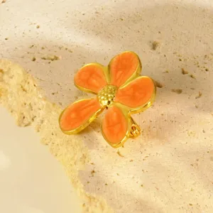 Oranje emaille bloem broche stijlvolle roestvrijstalen sieraden cadeau voor dames