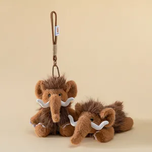 Cute fluffy mammoth plush keychain and lying doll set, soft stuffed animal toy pendant.