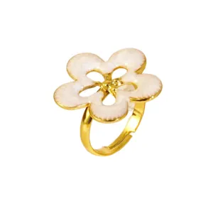 Elégante bague ouverte fleur cinq pétales émail blanc plaqué or acier inoxydable