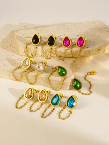 Stainless steel teardrop chain earrings luxury 18k gold plated crystal fashion jewelry